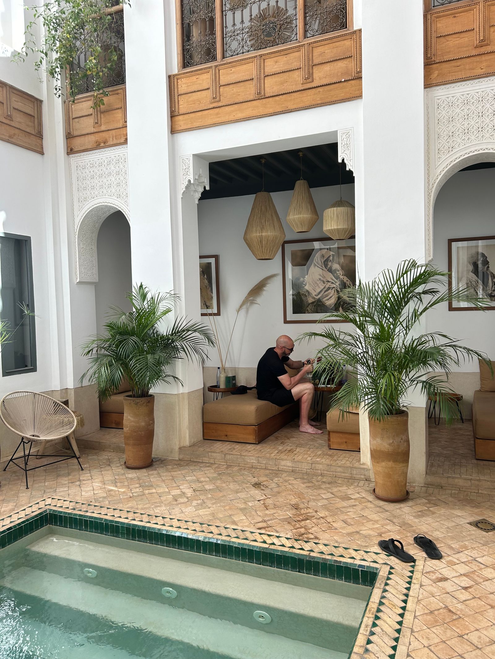 Traditional Moroccan riad courtyard set for a wedding celebration